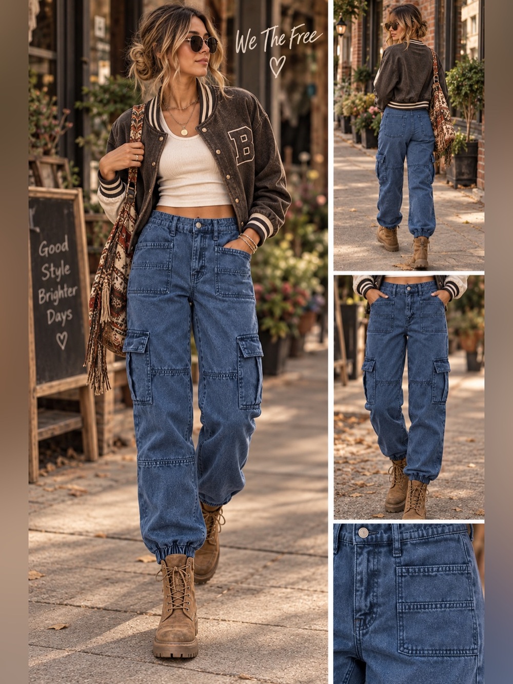 We The Free Blue Boyfriend Cargo Jeans with Elastic Cuff Denim